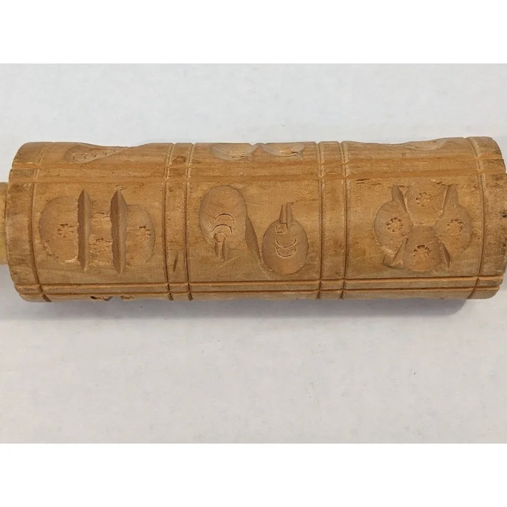Vintage Wooden Springerle Rolling Pin Carved Bird Butterfly Flower Cookie Mold